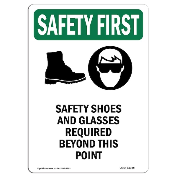 OSHA Sign, Shoes And Glasses W/ Symbol, 18in X 12in Aluminum, 12" W, 18" H, Portrait